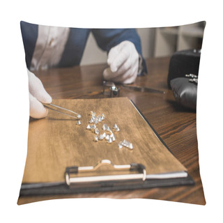 Personality  Cropped View Of Jewelry Appraiser With Pliers Examining Gemstones On Wooden Board On Table In Workshop Pillow Covers