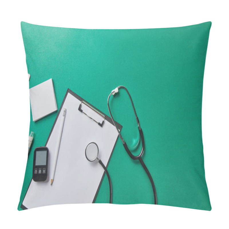 Personality  Top View Of Blood Lancet, Sticky Notes, Blister Packs And Stethoscope Near Glucometer And Pencil On Folder On Green Background Pillow Covers