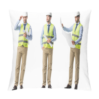 Personality  Collage Of Handsome Architect Wearing Green Vest And Hardhat With Blueprints Isolated On White Pillow Covers