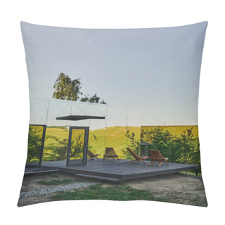 Personality  Modern Glass House With Wooden Porch Near Green Hills Under Blue Sky In Scenic Countryside Pillow Covers