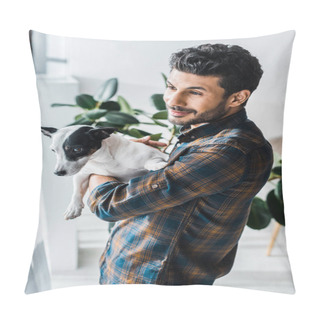 Personality  Smiling Bi-racial Man Holding Jack Russell Terrier And Looking Through Window  Pillow Covers