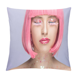 Personality  Attractive Woman With Pink Hair And Long Eyelashes Isolated On Violet Pillow Covers