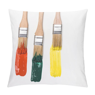 Personality  Top View Of Paintbrushes Near Colorful Paint Brushstrokes On White Background Pillow Covers