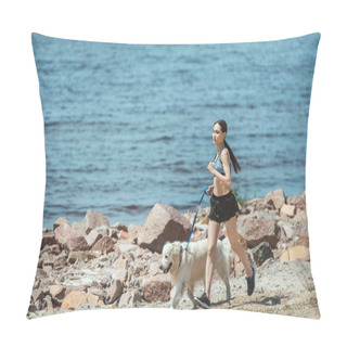 Personality  Distant View Of Asian Female Jogger Running With Dog On Beach  Pillow Covers