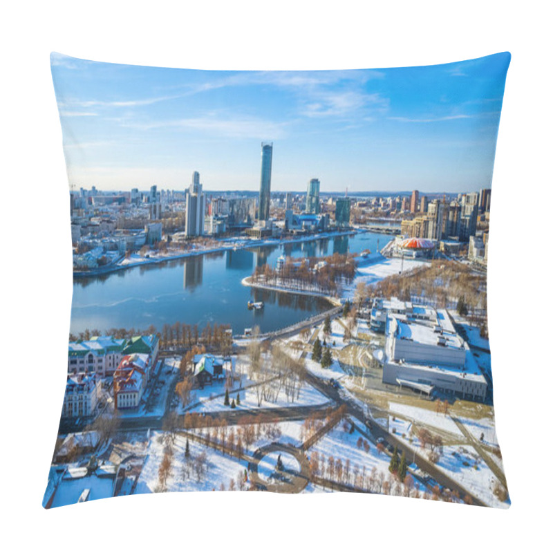 Personality  Yekaterinburg aerial panoramic view at Winter in sunny day. Ekaterinburg is the fourth largest city in Russia located in the Eurasian continent on the border of Europe and Asia. Yekaterinburg, Russia pillow covers