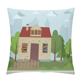 Personality  Abandoned House. Flat Design. Vector Illustration. Pillow Covers