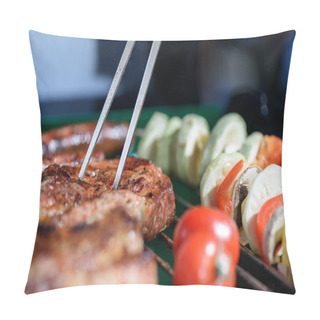 Personality  Meat Pricked By Carving Fork On Grill Pillow Covers