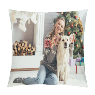 Personality  Happy Woman In Sweater Sitting On Floor And Playing With Labrador Near Christmas Tree  Pillow Covers