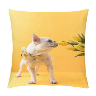 Personality  Funny French Bulldog Sniffing Beautiful Yellow Tulip Flowers On Yellow   Pillow Covers
