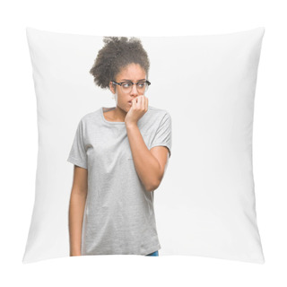 Personality  Young Afro American Woman Wearing Glasses Over Isolated Background Looking Stressed And Nervous With Hands On Mouth Biting Nails. Anxiety Problem. Pillow Covers