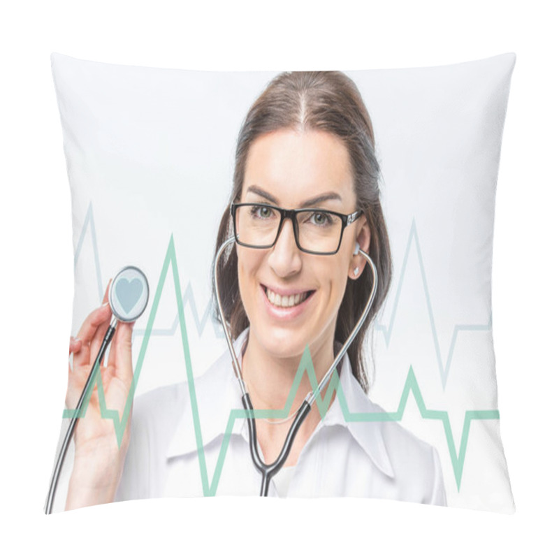 Personality  doctor with stethoscope and cardiogram pillow covers