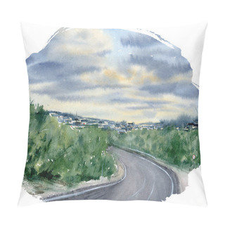 Personality  Hand Drawn Watercolor Landscape With Road, Sky And Forest Pillow Covers