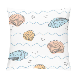 Personality  Vector Seamless Pattern With Hand Drawn Scallop Seashells, Sea Elements And Stars. Beautiful Marine Design, Perfect For Prints And Patterns, Textile, Fabric, Children Background Pillow Covers