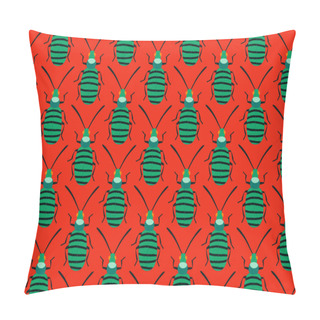 Personality  Green Bug Pattern On Red. Insects Bright Background Pillow Covers