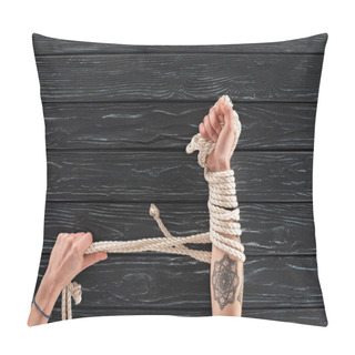 Personality  Partial View Of Female Hands With Rope Around On Dark Wooden Tabletop Pillow Covers