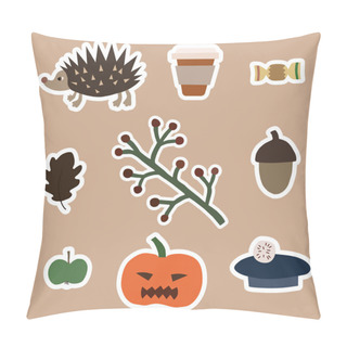 Personality  Vector With Halloween Carved Pumpkin And Fall Season Stickers On Beige  Pillow Covers