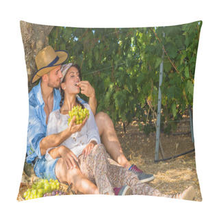 Personality  Happy Young Farmers Enjoying A Work Break In The Vineyard. Pillow Covers