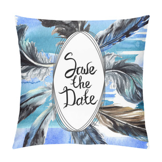 Personality  Blue And Black Bird Feathers From Wing. Watercolor Background Illustration Set. Frame Border Ornament With Lettering. Pillow Covers