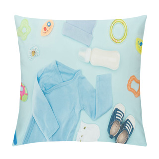 Personality  Top View Of Baby Clothes And Accessories With Milk Isolated On Blue Pillow Covers