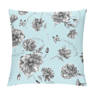 Personality  Vintage Monochrome Watercolor Seamless Pattern With Wildflowers, Poppies Daisies Cornflowers Pillow Covers