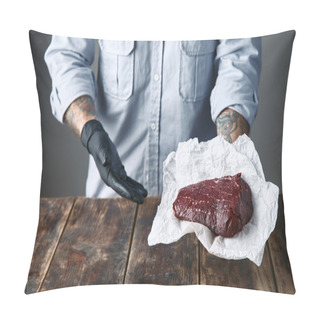 Personality  Close Up, Tattooed Hands In Black Gloves Offers Steak Meat  Pillow Covers