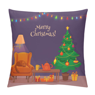 Personality  Christmas Room Interior In Colorful Cartoon Flat. Pillow Covers