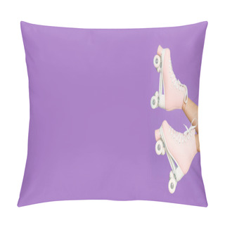 Personality  Long Legs In A Vintage Pink Roller Skate Isolated On Violet Background. Pillow Covers