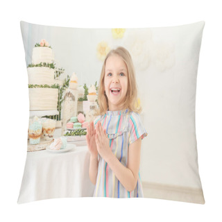 Personality  Cute Girl Near Table With Sweets Served For Party Pillow Covers