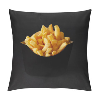 Personality  Close-up Shot Of Black Box Of Tasty French Fries Isolated On Black Isolated On Black Pillow Covers