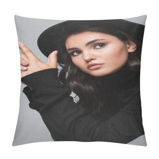 Personality  Brunette Model In Fedora Hat Looking Away And Showing Finger Gun Gesture Isolated On Grey Pillow Covers