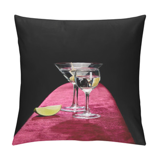 Personality  Shot Glass And Cocktail Glass With Vermouth, Lime Slice And Whole Olive On Toothpick On Pink Velour Surface Isolated On Black Pillow Covers