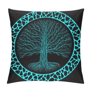 Personality  Druidic Yggdrasil Tree At Night, Round Silhouette, Black And Blue Vector Logo. Gothic Ancient Book Style Pillow Covers