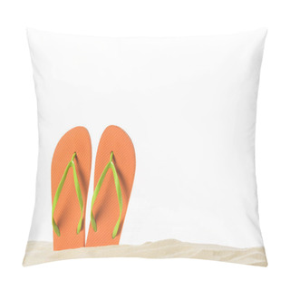 Personality  Pair Of Flip Flops In Sand Isolated On White Pillow Covers
