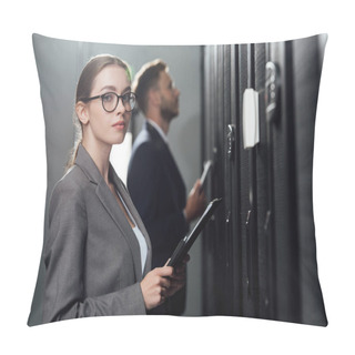 Personality  Selective Focus Of Attractive Businesswoman In Glasses Holding Clipboard Near Bearded Businessman In Data Canter  Pillow Covers