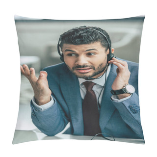 Personality  Discouraged Call Center Operator In Headset Showing Indignation Gesture Pillow Covers