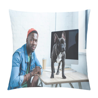 Personality  French Bulldog Standing On Table With Computer By Young Man Freelancer Pillow Covers