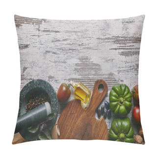 Personality  Vegetables And Condiments In Mortar On Rustic Wooden Table Pillow Covers