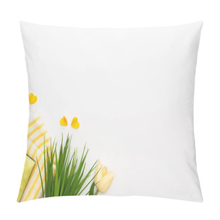 Personality  Top View Of Spring Tulips And Green Grass Near Yellow Cleaning Supplies On White Background Pillow Covers