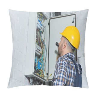 Personality  Professional Electrician With Flashlight Working By Distributor Box Pillow Covers