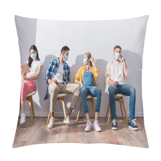 Personality  Multicultural People In Medical Masks Talking And Reading Book On Chairs In Hall  Pillow Covers