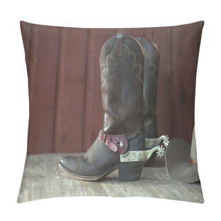 Personality  Cowboy Boots, Spurs And Hat On Old Wood Background Pillow Covers