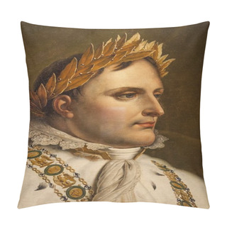 Personality  Corsica, 01/09/2017: Detail Of The Portrait Of Napoleon By The French Painter Anne-Louis Girodet De Roussy-Trioson In The Maison Bonaparte, The Ancestral Home Of The Bonaparte Family In Ajaccio Pillow Covers