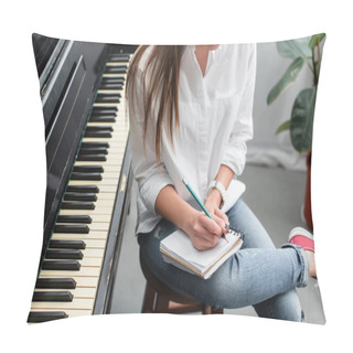 Personality  Cropped View Of Girl With Notebook Sitting Near Piano And Composing Music In Living Room Pillow Covers