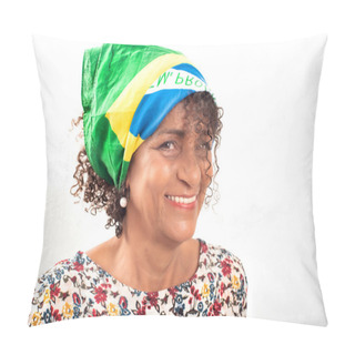 Personality  Portrait Of Mature, Smiling Brazilian Woman Wearing A Bandana With The National Flag Pillow Covers