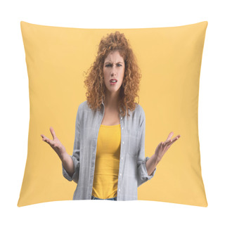 Personality  Worried Redhead Girl With Shrug Gesture, Isolated On Yellow Pillow Covers