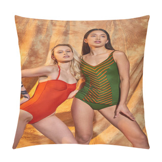 Personality  Multiethnic Women In Swimsuits Posing Together On Beige Backdrop With Drapery, Fashion And Diversity Pillow Covers