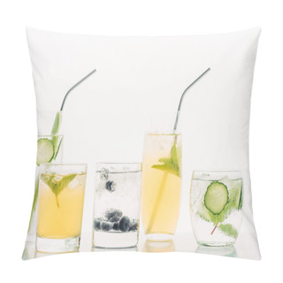 Personality  Refreshing Drinks With Blueberries, Celery, Straws, Mint, Cucumber And Ice Isolated On White Pillow Covers