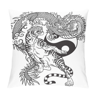 Personality  Chinese Dragon Versus Tiger. Black And White Tattoo Vector Illustration Included Yin Yang Symbol Pillow Covers