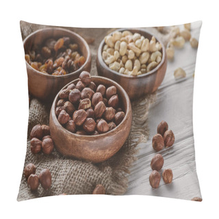 Personality  Assorted Nuts In Wooden Bowls On Sackcloth Pillow Covers