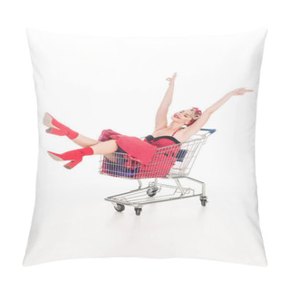 Personality  Young Woman In Pin Up Dress Sitting With Raised Arms In Shopping Trolley Isolated On White Pillow Covers